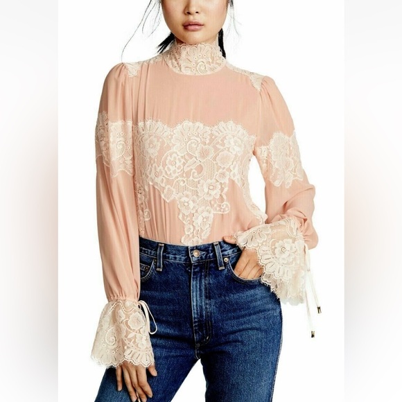We Are Hah Tops - We Are HAH x Revolve Queen 4 A Day Lace Chiffon Bodysuit in Copper Rose size XS